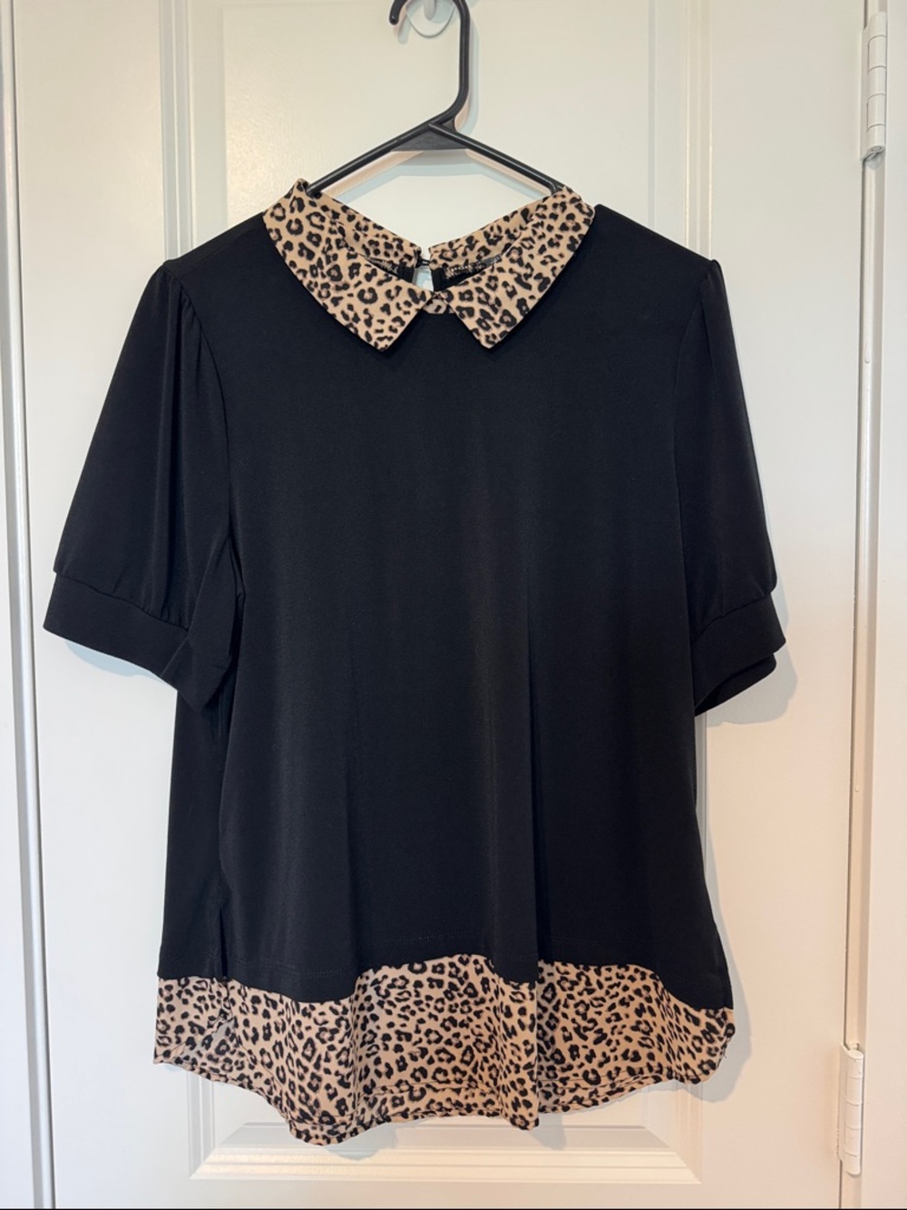 Black Top with Leopard Print Collar and Hem - Women's Dress Top